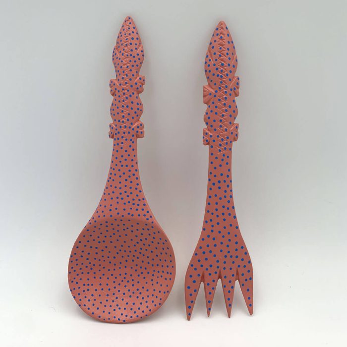 Hand painted wooden Spoon & Fork Set - pink & blue