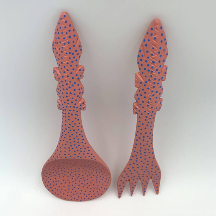 Hand painted wooden Spoon & Fork Set - pink & blue - Image 2